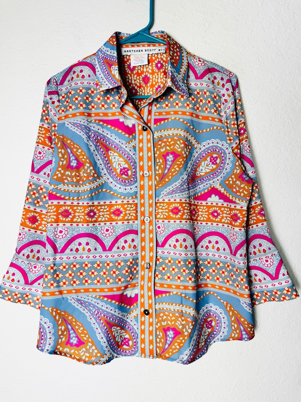 Gretchen Scott Boyfriend Shirt Size Medium Paisley Pink Blue Button Up Collared